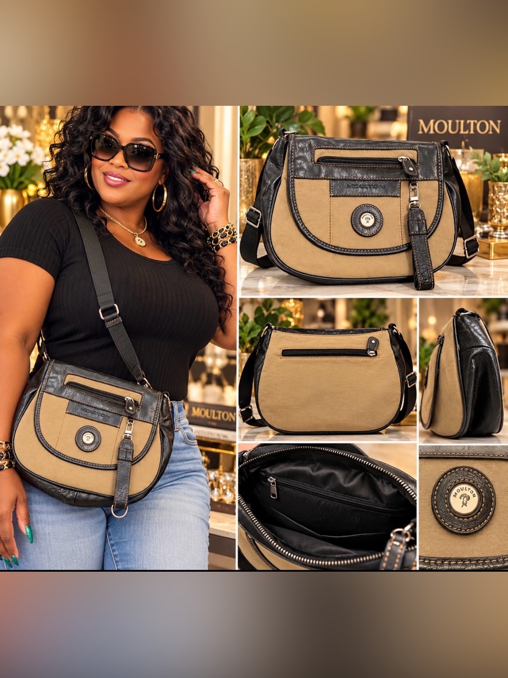 Classic Crossbody Shoulder Bag by in Tan and Black
